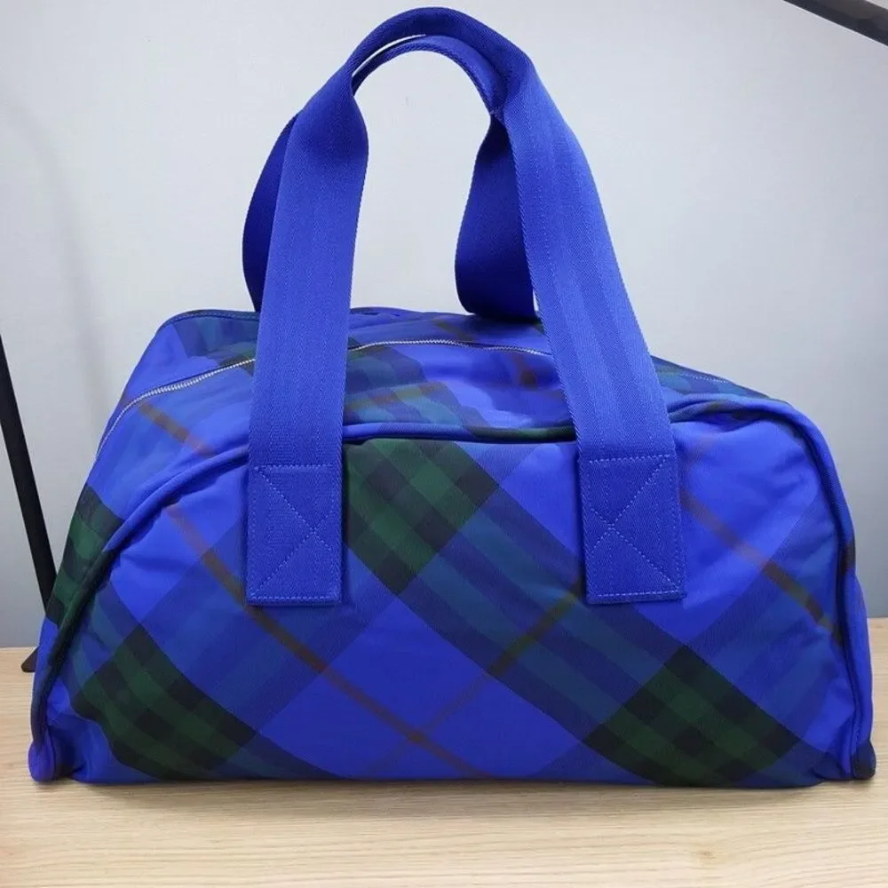 BURBERRY Duffle Bag Blue Nylon Shield Check Plaid Authentic Unisex $2050
